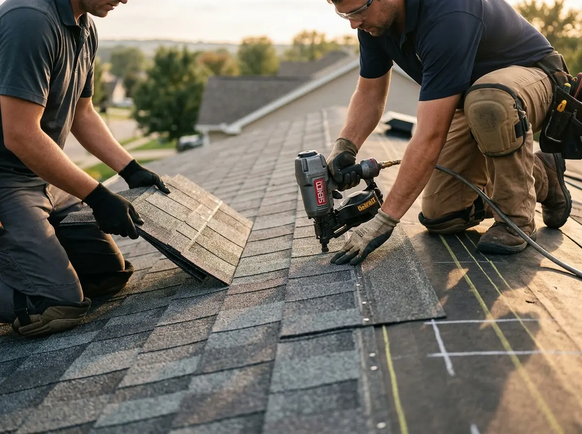 Professional roofer working on a residential roof in Verdigris
